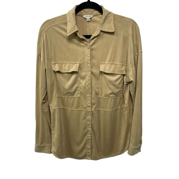 Max Studio Long Sleeve Button Down Shacket Shirt Jacket Khaki Suede Like Medium - Picture 1 of 10